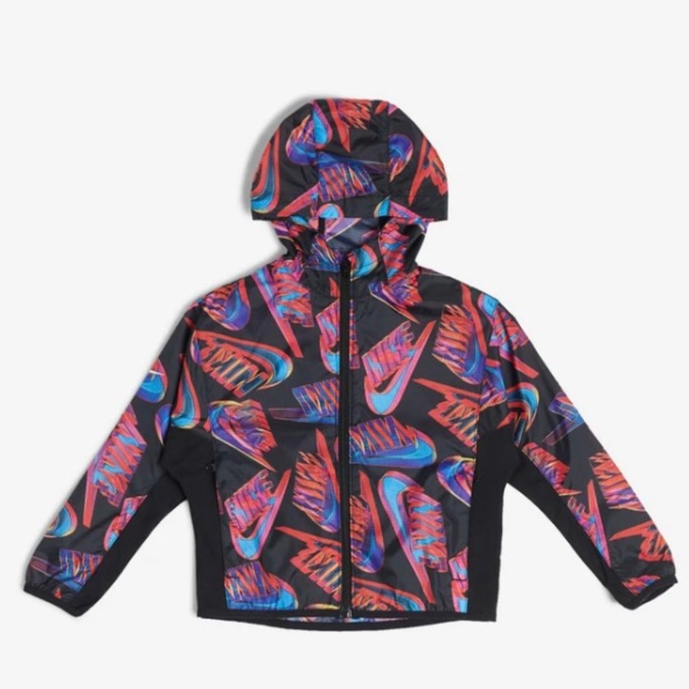 Nike Boys Packable Windbreaker Hooded Jacket Size 6 Black/Multi Color NWT